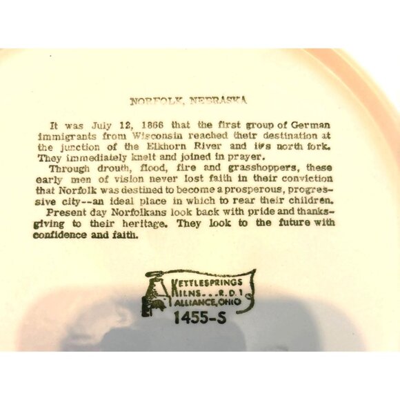 Norfolk Nebraska Centennial Decor Plate Kettlesprings Kilns 10" Brown Print Vtg - Picture 3 of 3